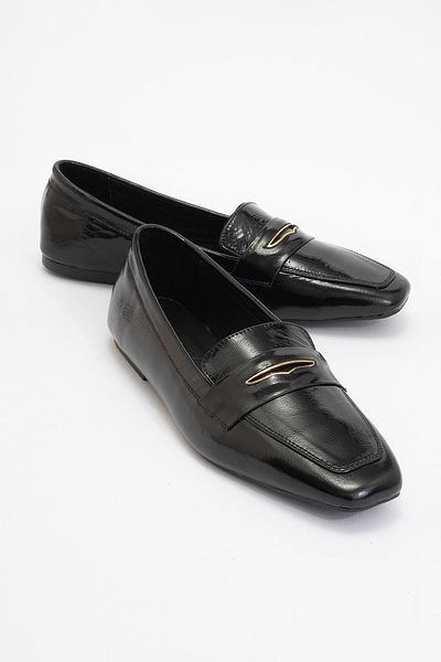 LuviShoes Дамски мокасини от естествена кожа с катарама и тъп връх, черни, лачени