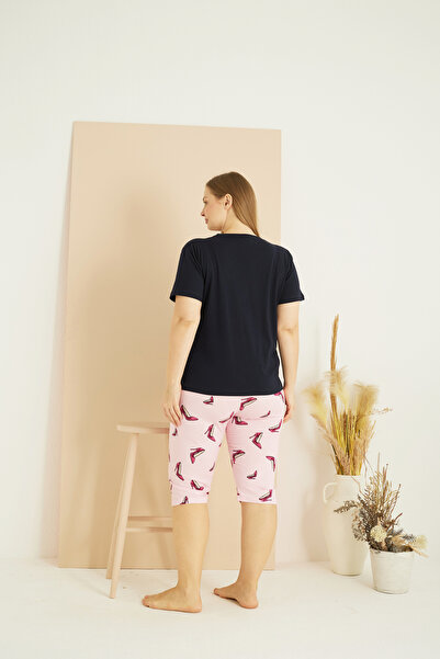 Siyah İnci Navy Blue Patterned Curve Plus Size Oversize Cotton Capri Suit 25102757