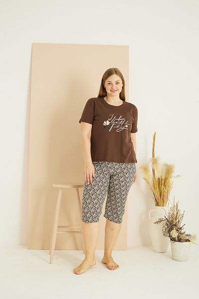 Siyah İnci Καφέ μοτίβο Curve Plus Size Oversize Βαμβακερό Κάπρι Σετ 25102758