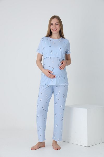 Miss Dünya Lissa Short Sleeve Adjustable Elastic Waist Detailed Printed Maternity and Postpartum Pajama Set Suitable for Breastfeeding