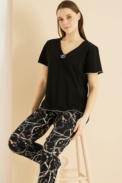 Siyah İnci Black Patterned Cotton Crew Neck Knitted Pajama Set 25103221