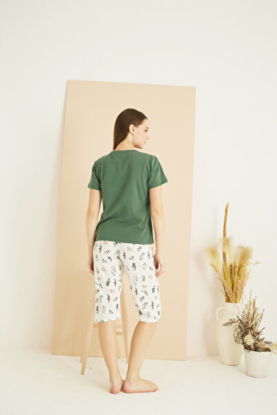 Siyah İnci πράσινο στάμπα Βαμβακερό πλεκτό καπρί με λαιμόκοψη V 25102171