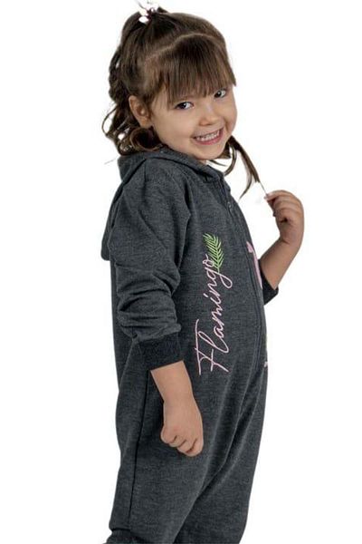 Riccotarz Flamingo Printed Baby Girl Smoked Jumpsuit with Zipper Front and Hood