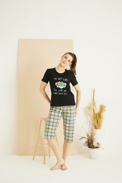 Siyah İnci Black Patterned Cotton Crew Neck Knitted Capri Suit 25102167