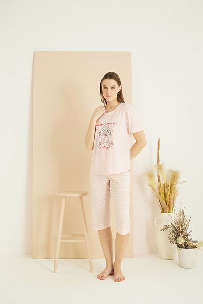 Siyah İnci ροζ στάμπα Cotton Crew Neck Πλεκτό Κάπρι Σετ 25102182