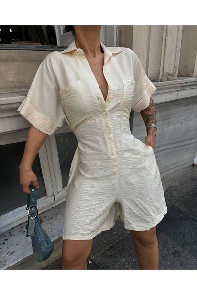 LB Laluna Butik Дамски гащеризон с къс ръкав и закопчаване с копчета