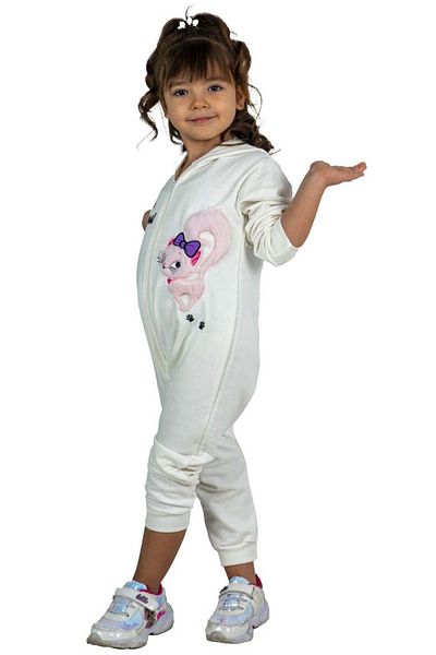Riccotarz Baby Girl White Jumpsuit with Cat and Miaw Text Printed and Zipper Front Hooded