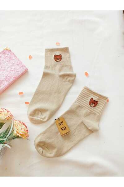 ENEFENDİ Soft Women's Cream Ecru Bear Socks 36-40