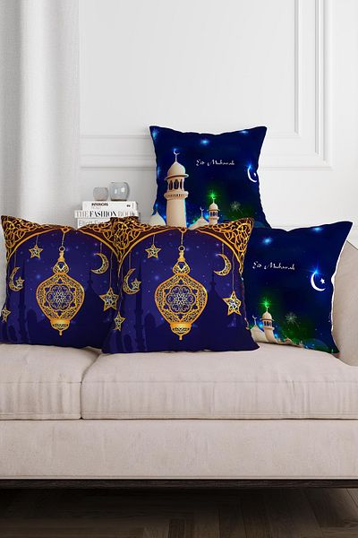 Sakallı Set de 4 huse de pernă cu tematică Ramadan, culoare albastră, imprimate digital cu model semilună