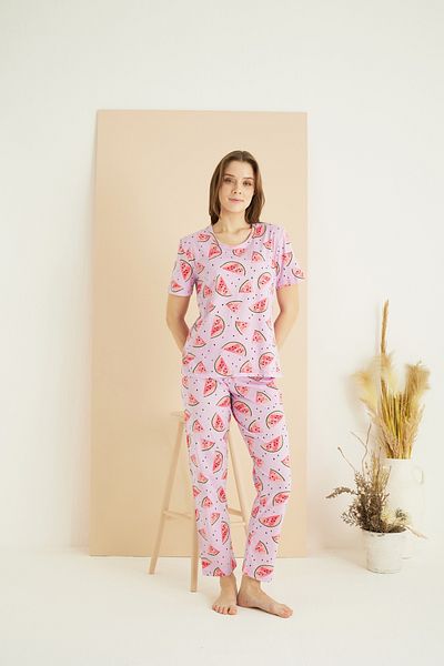 Siyah İnci Set de pijamale tricotate din bumbac cu decolteu rotund cu imprimeu liliac 25107137