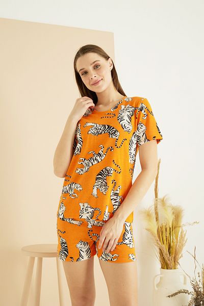 Siyah İnci Orange Patterned Crew Neck Knitted Shorts Set 25101105