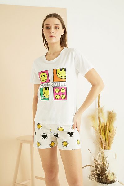 Siyah İnci White Patterned Cotton Crew Neck Knitted Shorts Set 25101104