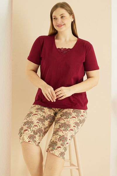 Siyah İnci Costum Capri oversize din bumbac cu imprimeu burgundy Curve Plus Size 25102713