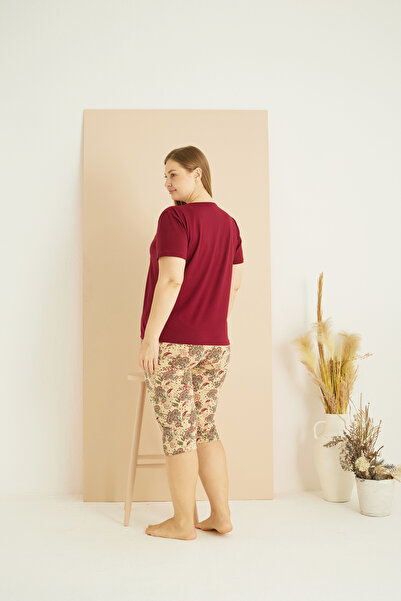 Siyah İnci Burgundy Patterned Curve Plus Size Oversize Cotton Capri Suit 25102713