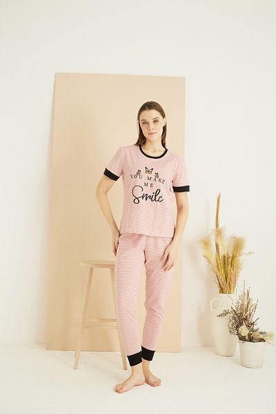 Siyah İnci ροζ και λευκή γραμμή μοτίβο Cotton Crew Neck Πλεκτό Σετ Πιτζάμες 25103192