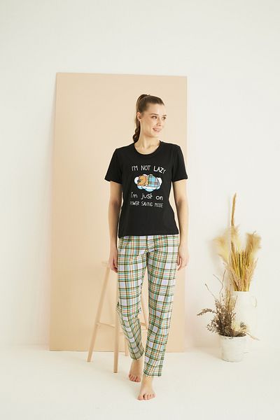 Siyah İnci Black Patterned Cotton Crew Neck Knitted Pajama Set 25103198