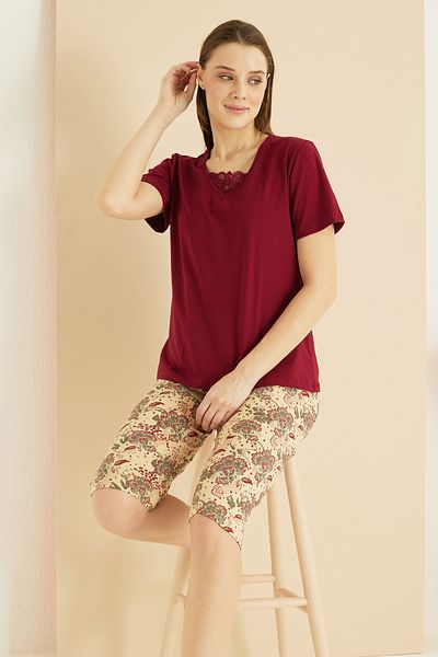 Siyah İnci Costum Capri tricotat din dantelă din bumbac cu decolteu în V cu imprimeu burgundy 25102165