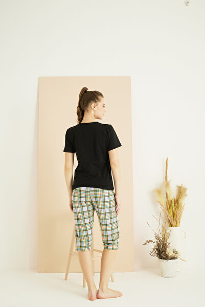 Siyah İnci Black Patterned Cotton Crew Neck Knitted Capri Suit 25102167