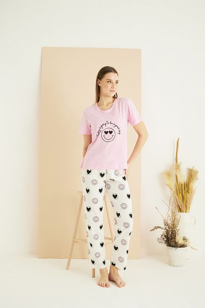Siyah İnci Σετ πλεκτές πιτζάμες με ροζ σχέδιο Cotton Crew Neck 25107127