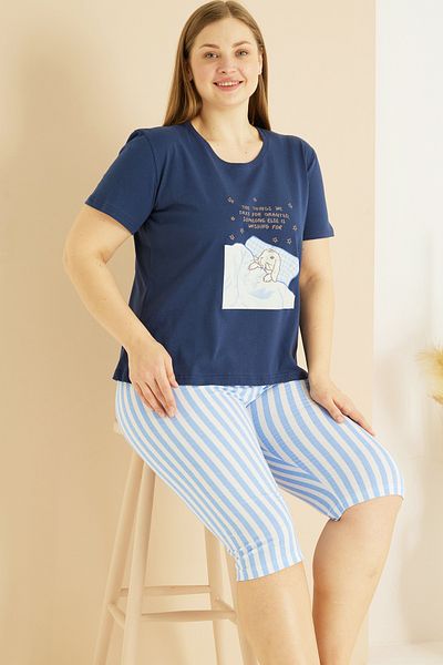 Siyah İnci Navy Blue Patterned Curve Plus Size Oversize Cotton Capri Suit 25102750