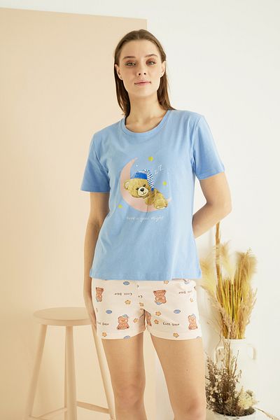 Siyah İnci Set de pantaloni scurți tricotați din bumbac cu decolteu și imprimeu albastru 25105036