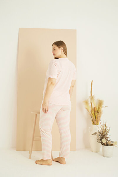 Siyah İnci Pink and White Line Patterned Curve Plus Size Oversize Cotton Pajama Suit 25103755