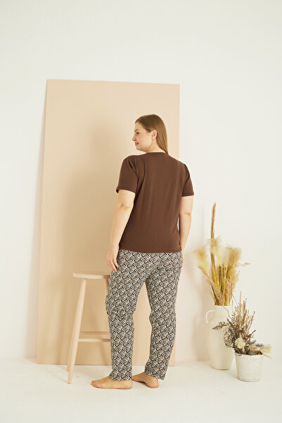 Siyah İnci Brown Patterned Curve Plus Size Oversize Cotton Pajama Suit 25103768