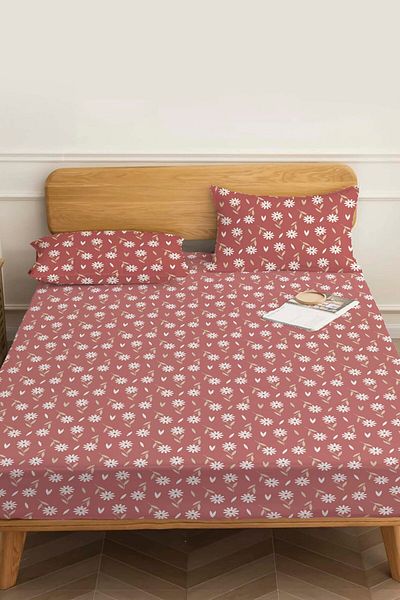 Rivaİstanbul Cotton Double Bed Sheet - Dusty Rose Daisy