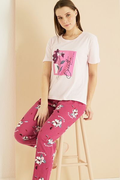 Siyah İnci Ανοιχτό ροζ μοτίβο Cotton Crew Neck Πλεκτό Σετ πιτζάμες 25103244