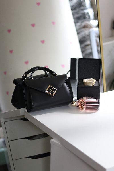 Moom Bag Women's Black Matte Texture Square Handbag with Gold Accessory Detail