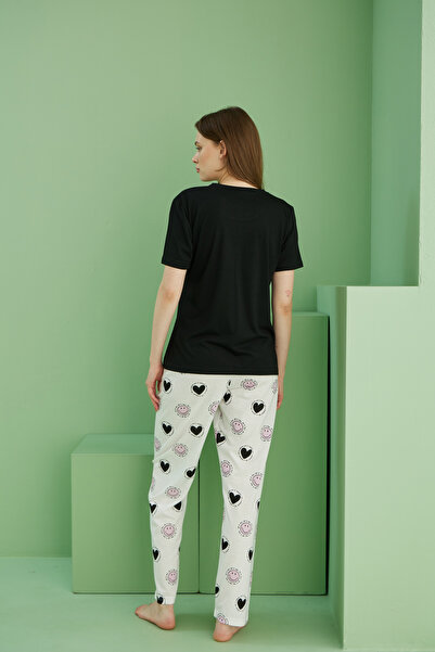 Siyah İnci Black Patterned Cotton Crew Neck Knitted Pajama Set 25103267