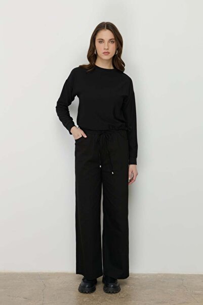 Nihan Beli Lastikli Bol Paça Kanvas Pantolon - Siyah