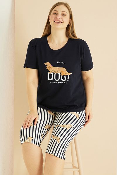 Siyah İnci Navy Blue Patterned Curve Plus Size Oversize Cotton Capri Suit 25102728