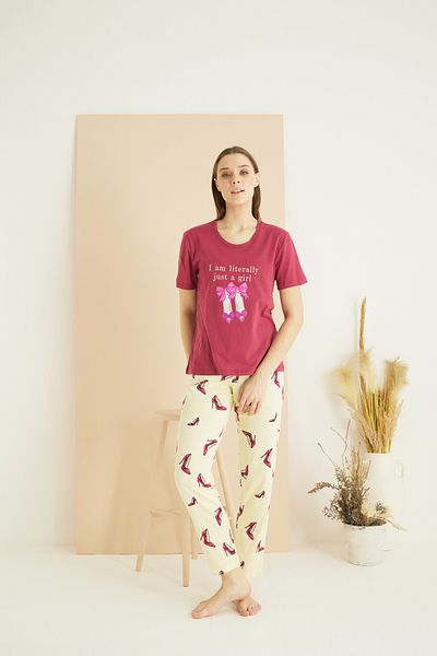 Siyah İnci Set de pijamale tricotate din bumbac cu decolteu rotund cu imprimeu de culoare cireș 25103208