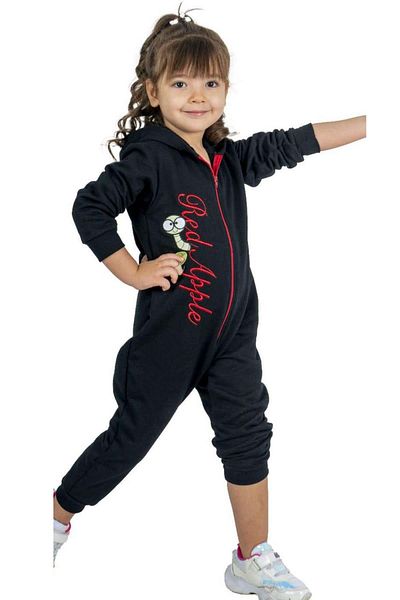 Riccotarz Baby Girl Black Jumpsuit with Apple Lettering and Printed Front Zipper and Hood
