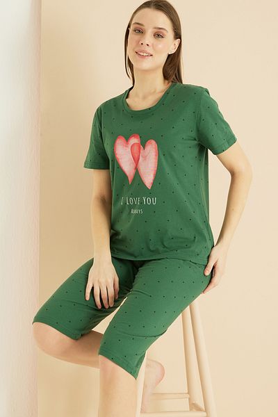 Siyah İnci Πράσινο σχέδιο Cotton Crew Neck Πλεκτό Κάπρι Σετ 25102181