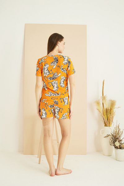Siyah İnci Orange Patterned Crew Neck Knitted Shorts Set 25101105