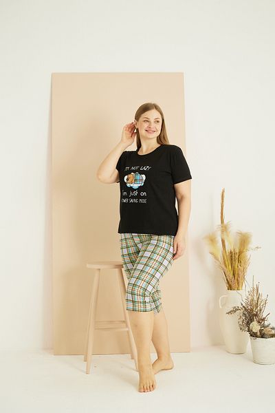 Siyah İnci Black Patterned Curve Plus Size Oversize Cotton Capri Suit 25102755