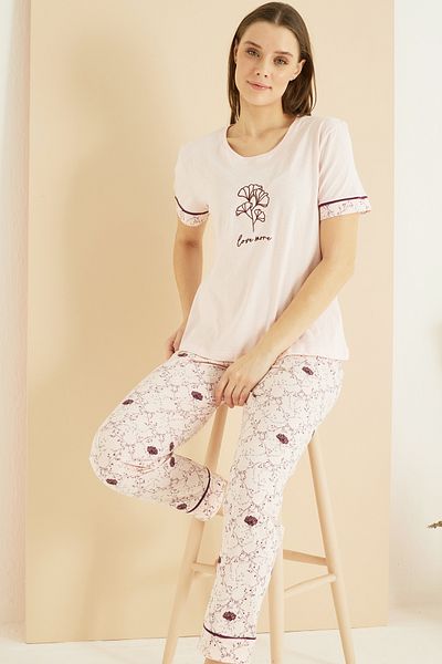 Siyah İnci Σετ πλεκτές πιτζάμες με ροζ σχέδιο Cotton Crew Neck 25103215