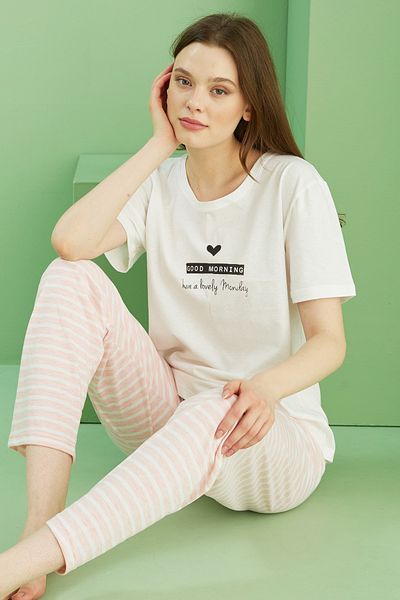 Siyah İnci Σετ πιτζάμες με σχέδιο εκρού Cotton Crew Neck Πλεκτό25103268