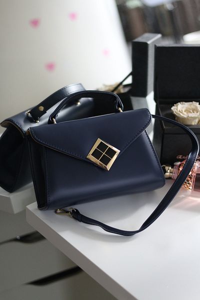 Moom Bag Women's Navy Blue Matte Texture Square Handbag with Gold Accessory Detail