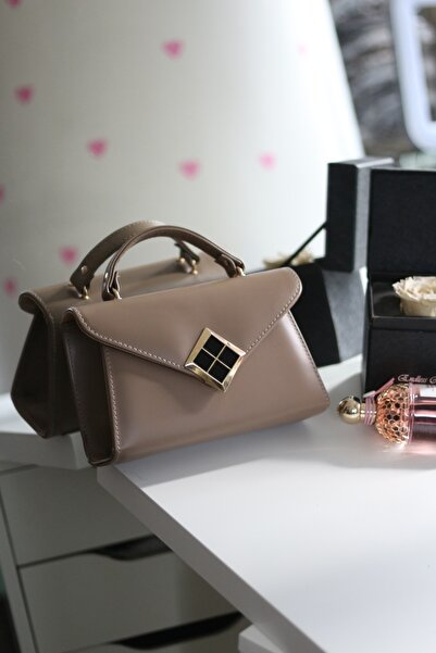 Moom Bag Women's Mink Matte Texture Square Handbag with Gold Accessory Detail