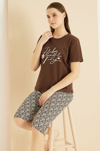 Siyah İnci Καφέ στάμπα Cotton Crew Neck Πλεκτό Κάπρι Κοστούμι 25102193