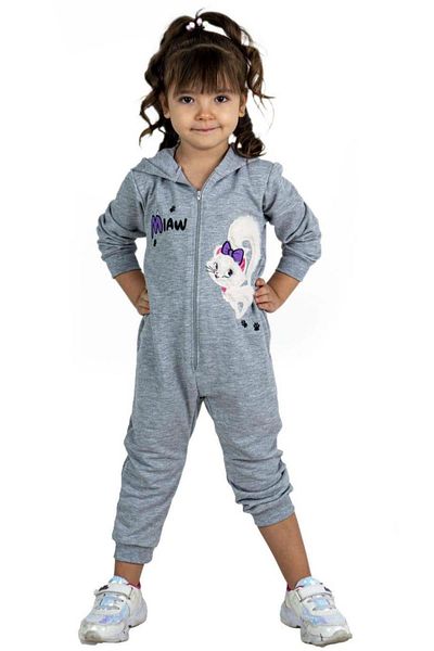 Riccotarz Baby Girl Gray Jumpsuit with Cat and Miaw Text Printed and Zipper Front Hooded
