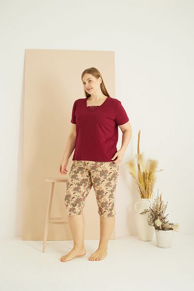 Siyah İnci Costum Capri oversize din bumbac cu imprimeu burgundy Curve Plus Size 25102713