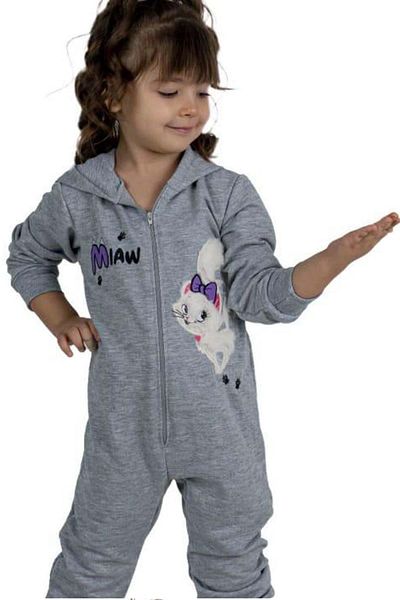 Riccotarz Baby Girl Gray Jumpsuit with Cat and Miaw Text Printed and Zipper Front Hooded