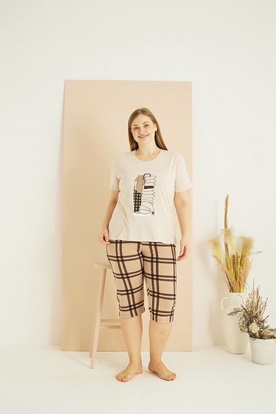 Siyah İnci Σετ κρεμ με σχέδιο Curve Plus Size Oversize Cotton Capri 25102759