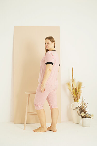 Siyah İnci rózsaszín fehér vonal mintás Curve Plus Size Battal Oversize Cotton Capri Suit25102716