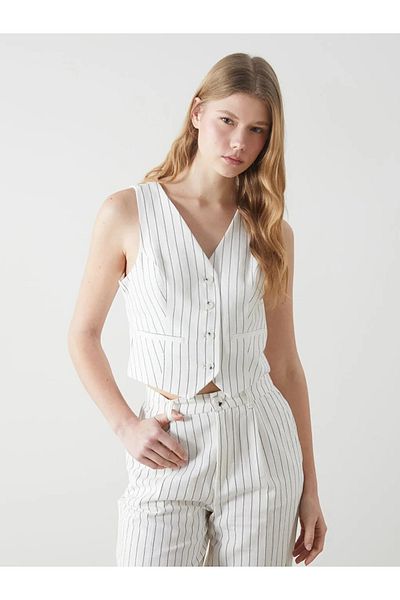 LC Waikiki Ecru V-Neck Striped Linen Blended Women's Classic Vest
