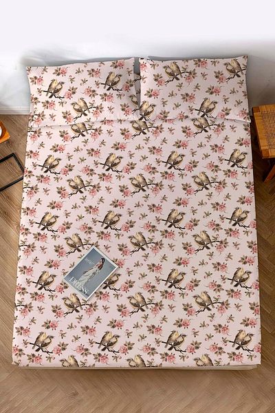 Rivaİstanbul Double Bed Sheet Powder Pink Bird Patterned Cotton